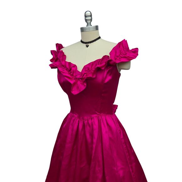 Gunne Sax Vintage 80s Pink Satin Midi Dress Size 13 M Ruffle Prom Formal - Picture 6 of 11